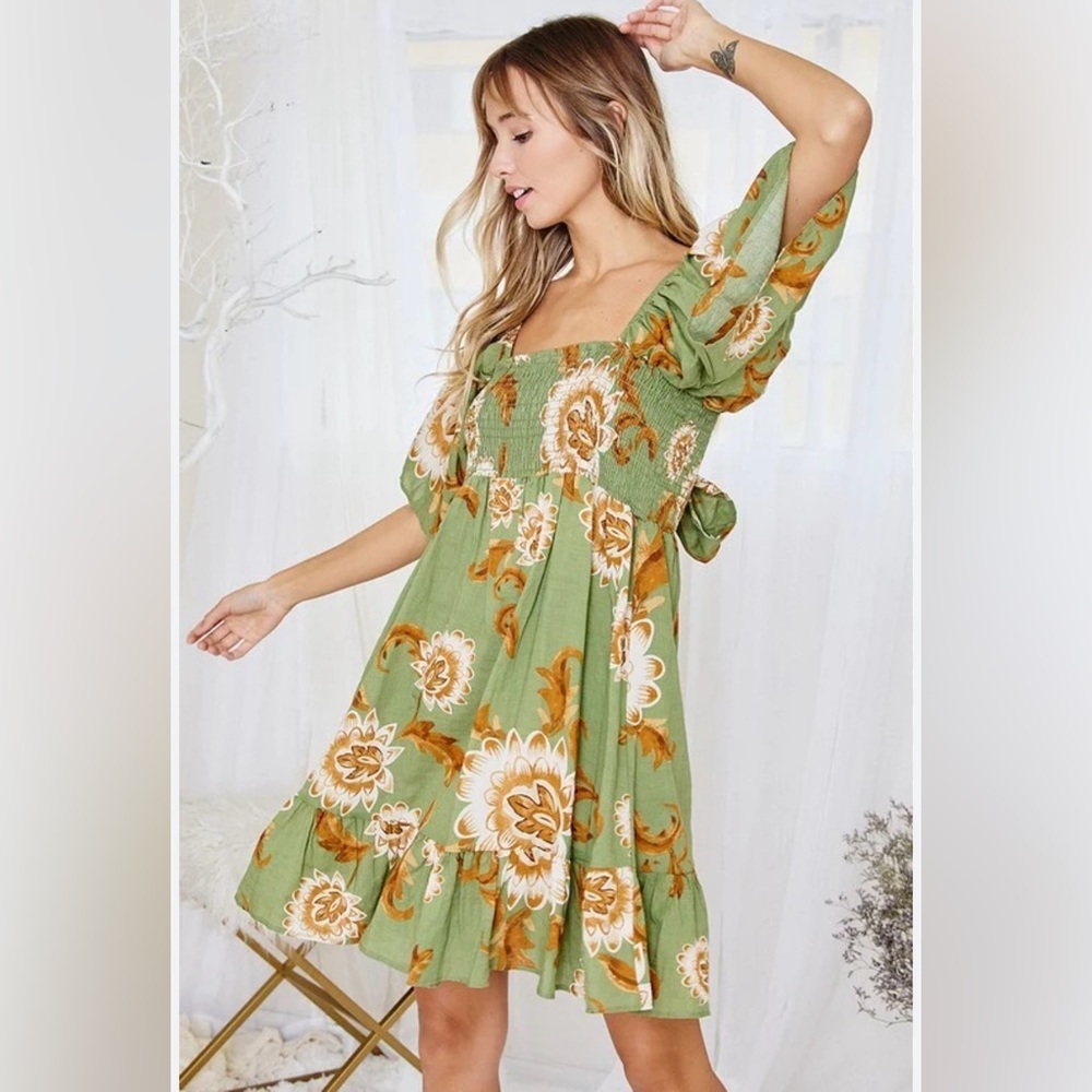 Ces Femme Green and Orange Floral Mini Dress